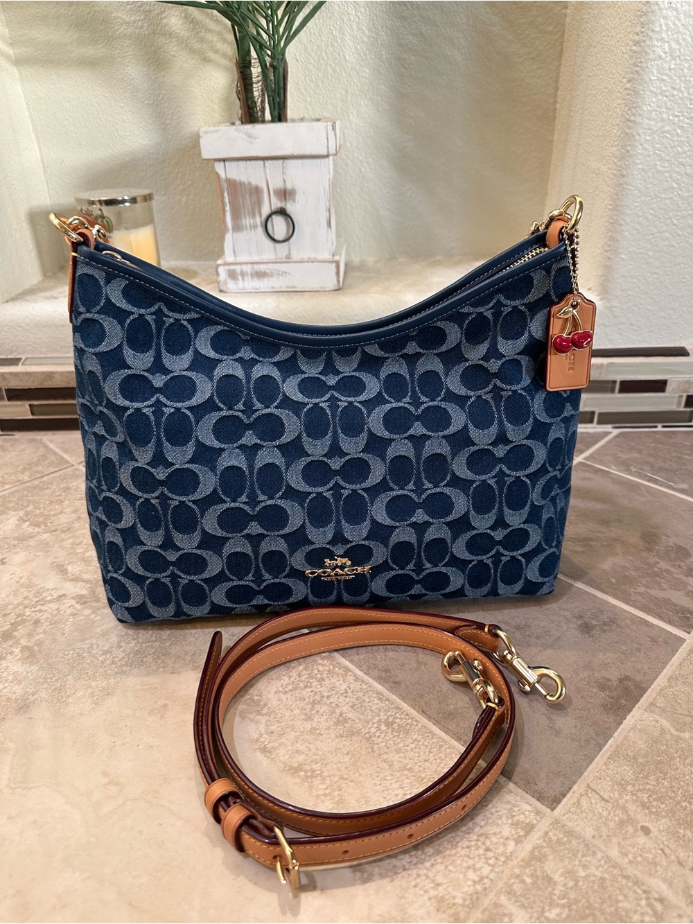 Coach Laurel Denim Signature C Shoulder Bag with Cherry Charm